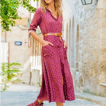

Ladies' Loose Maxi Dress New Fashion Geometric Floral Print Long Sleeves Casual Holiday Dresses Female Buttons Vestido with Sash