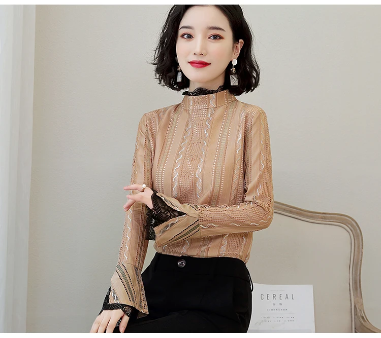 Длинный рукав пэчворк кружево новый весенний корейский стиль Женский Топ шифон