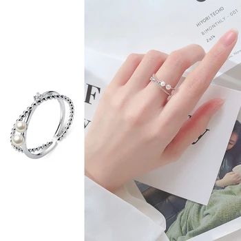 

Mocanie 2020 Design 925 Sterling Silver Elegant Pearl Clear CZ Geometric Double Cross Line Ring for Women Korea Style Jewelry