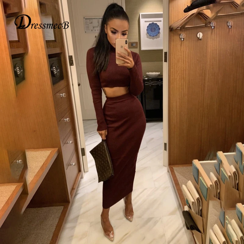 

Dressmecb Knitted 2 Piece Set Women Crop Top And Split Midi Skirts Sexy Two Piece Set 2019 Summer Outfits