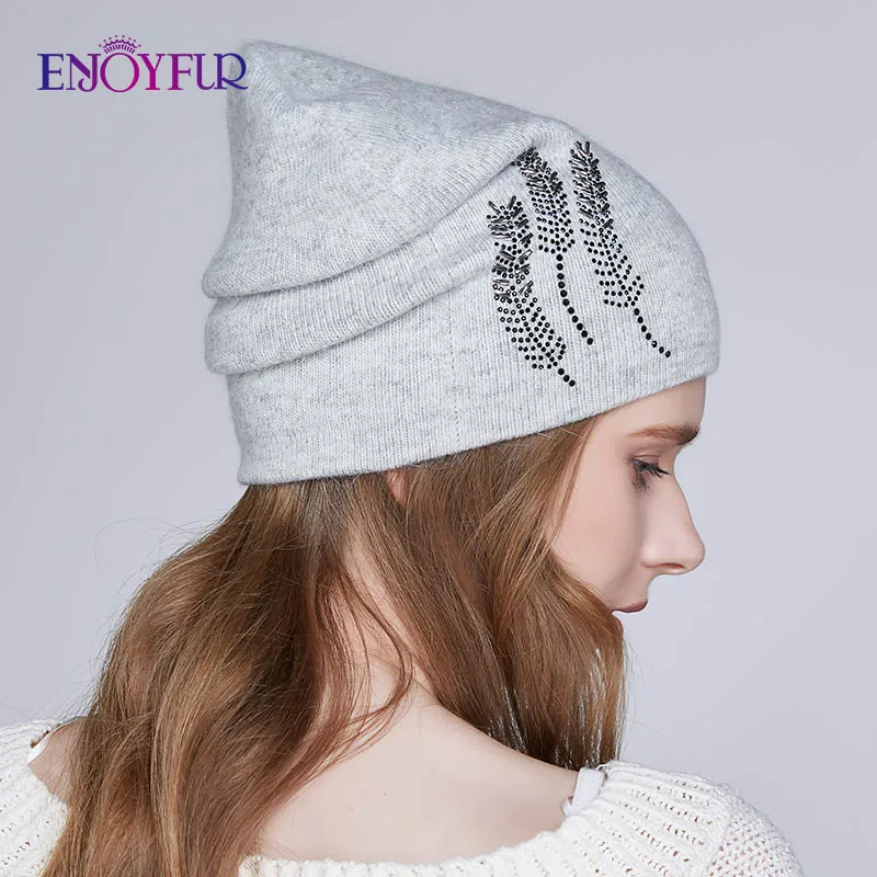 ENJOYFUR зимние шапки для женщин, Толстая теплая подкладка, стразы, шапочки, шапка, женские брендовые шапки из ангорской шерсти для женщин