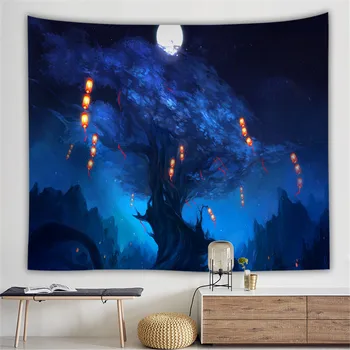 

Forest Trees and Stars Starry Sky Fabric Wall Hanging Tapestry Decor Polyester Curtains Plus Long Table Cover
