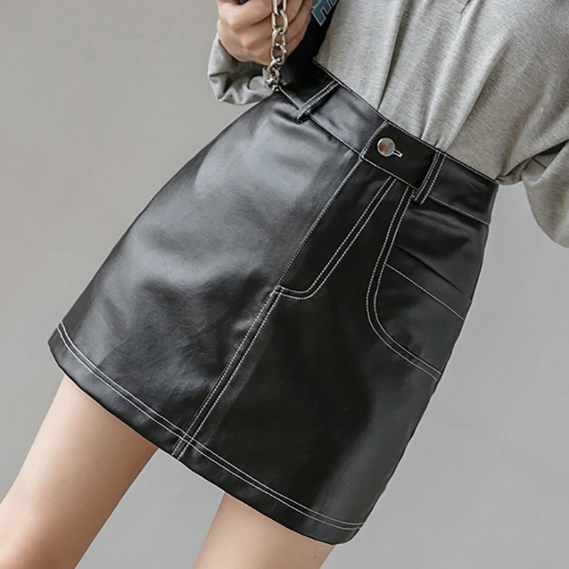 

Black Mini Leather Skirt High Waist Korean A Line Skirts Package Hip Slim Soft Falda Cuero Jupe Cuir Women Taille Haute Femme