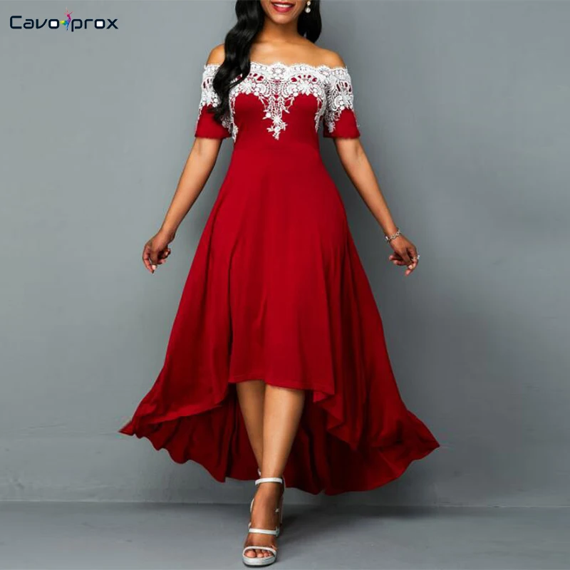 

Women Plus Size Off Shoulder Lace Patchwork Half Sleeve Asymmetrical Hem Dress Ankle-Length Strapless Elegant Party Dress