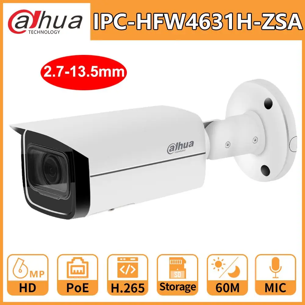 Dahua IP Camera Security HD 6MP IPC-HFW4631H-ZSA 2.7-13.5mm 5X Zoom Night Vision IR60M Built in Mic PoE  H.265 IP67 IK10 Outdoor