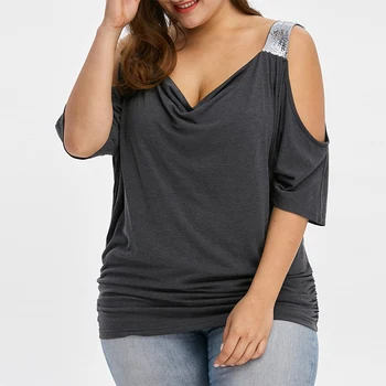 

Women Casual Off Shoulder 6XL Plus Size Tops Female Sexy V Neck Soild Color Three Quarter Sleeve Hollow Out T-shirt D30