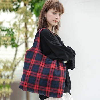 

Plaid wool shoulder bag Korean literary retro wild canvas bag casual simple handbag