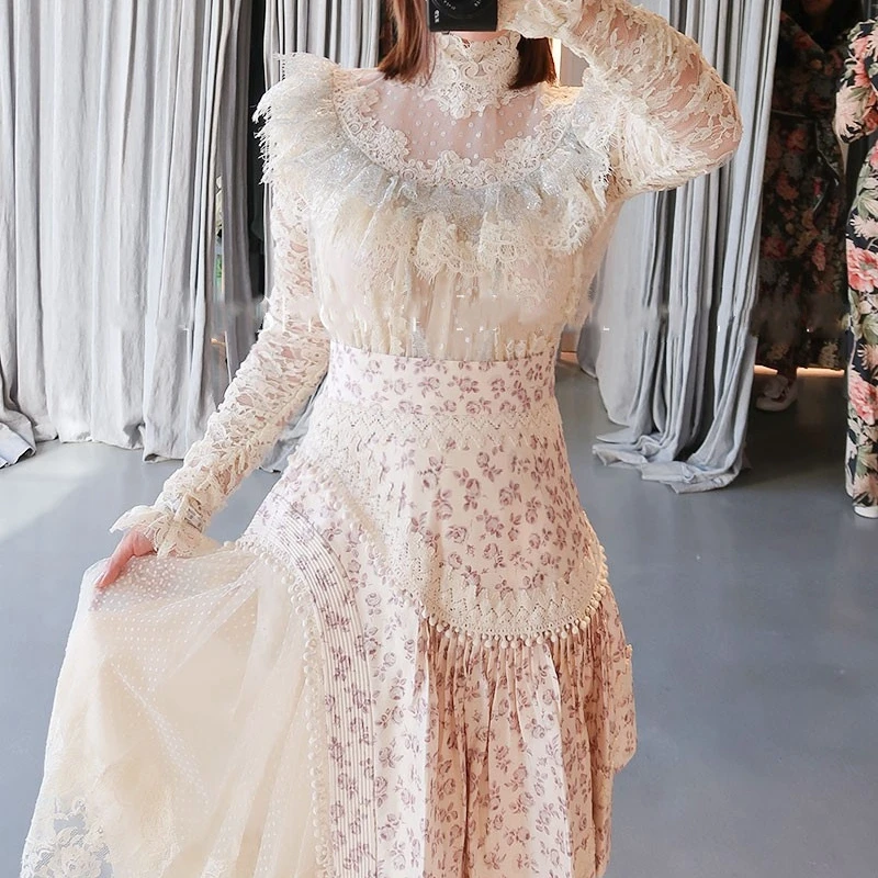Female Turtleneck Shirts Runway Fall Long Sleeve Women Retro Lace Blouses Tops