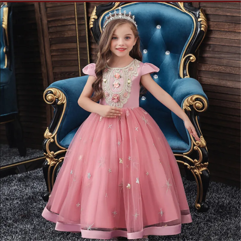 

Kids Party Dresses Floral Print Round Neck Fly Sleeve Princess Dress Lace Pinl Bow Girls Cameo Brown Dresses