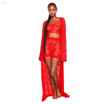 

Spring Women Set Sexy Lace 3 Piece Set Club Outfits Long Cloak + Shorts Female + Strapless Tops Fashion Elegant Ensemble Femme