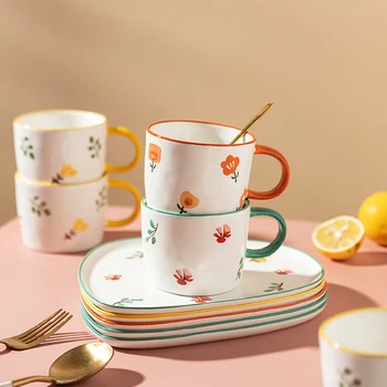 

Japanese Style Handgrip Coffee Mug With Dessert Saucer Breakfast Milk Cup Set Household Teacup Water Kitchen Drinking Utensils