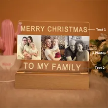 

Personalized Merry Christmas to My Family LED USB Night Light Custom Photos Acrylic 3D Lamp For Home Decoration Wooden Base