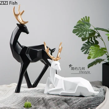 

Geometric Origami Black and White Deer Golden Horn Resin Animal Figurines Craft Ornaments Desk Decor Home Decoration Accessories