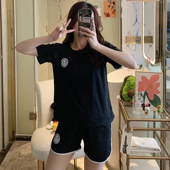 

Black Sleepwear Two Piece Set Women Sjort Sleeve O-Neck Loose Tops + Elastic Waist Shorts Set Printed Soft Cotton Nightwear W854