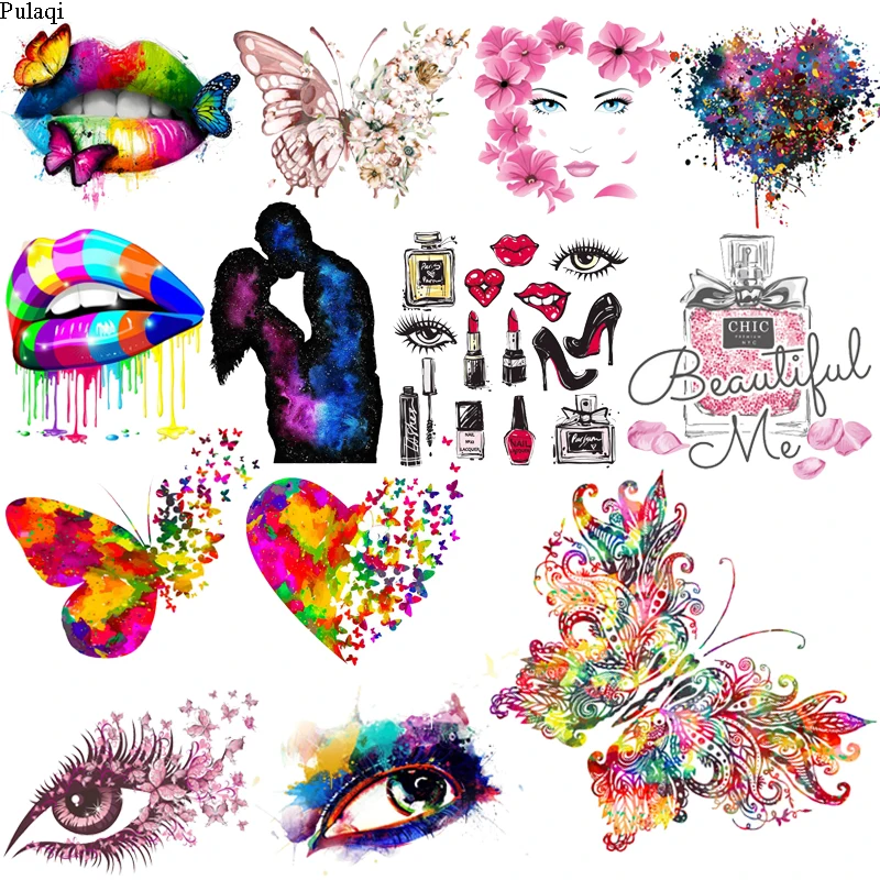 

Pulaqi Butterfly Patches Thermal Iron On Patches Fashion Lips Stripes Transfer Fusible Clothing Stickers On Clothes Applique DIY