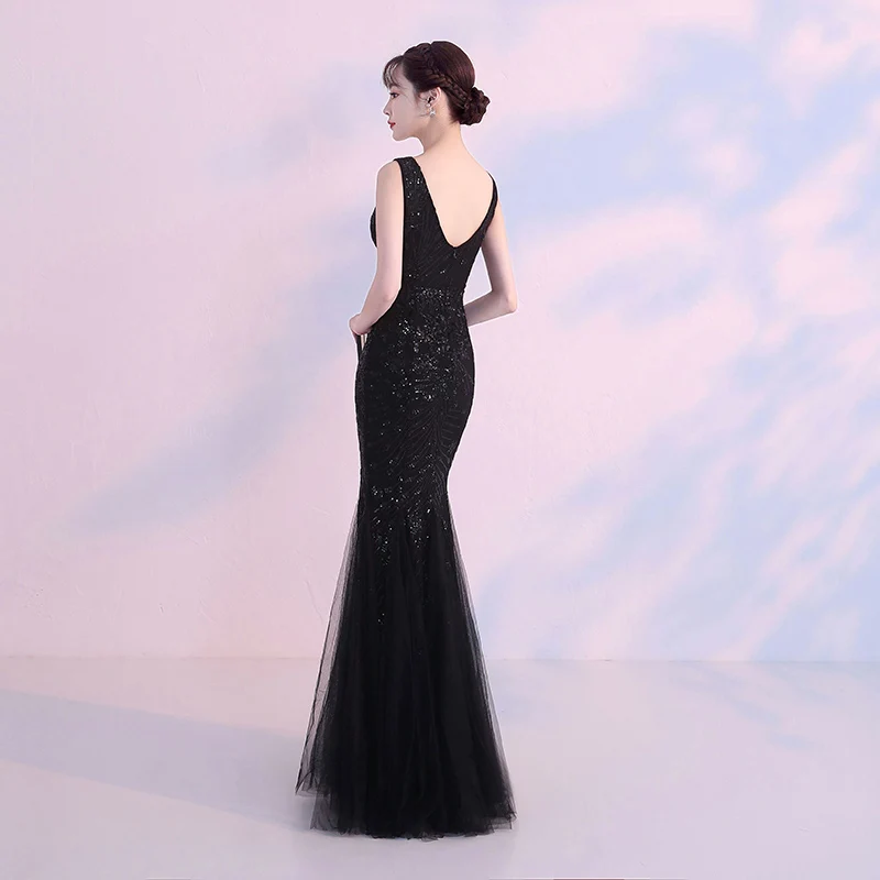 Благородное вечернее платье Qipao с блестками, женское элегантное выпускное платье, черное платье-русалка, Cheongsam, сексуальное платье с v-образным вырезом, Vestidos De Festa