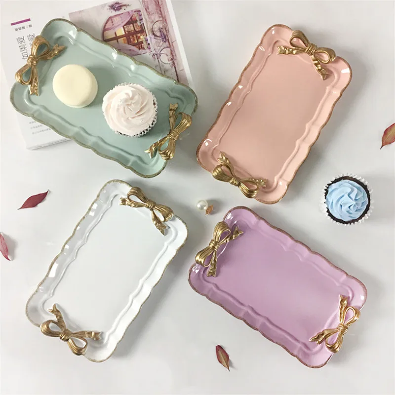European Style Retro Resin Bow-Knot Cake Storage Trays Makeup Organizer Dessert Plate Square Necklace Tray Kitchen Tableware | Дом и сад