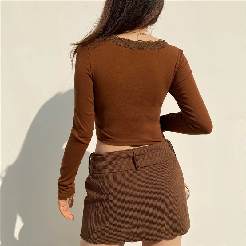 New Women's V-neck Lace Trim Knitted Top Long Sleeve Pure Color Slim Short T-shirt Sexy Undershirt Ladies Street Wear