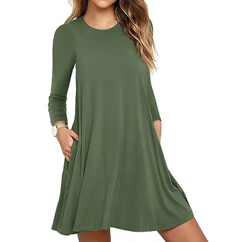 

2019 Autumn and Winter New Women's Dress Solid Color Long-sleeved Pocket Dress White gray green black brown O-Neck dress