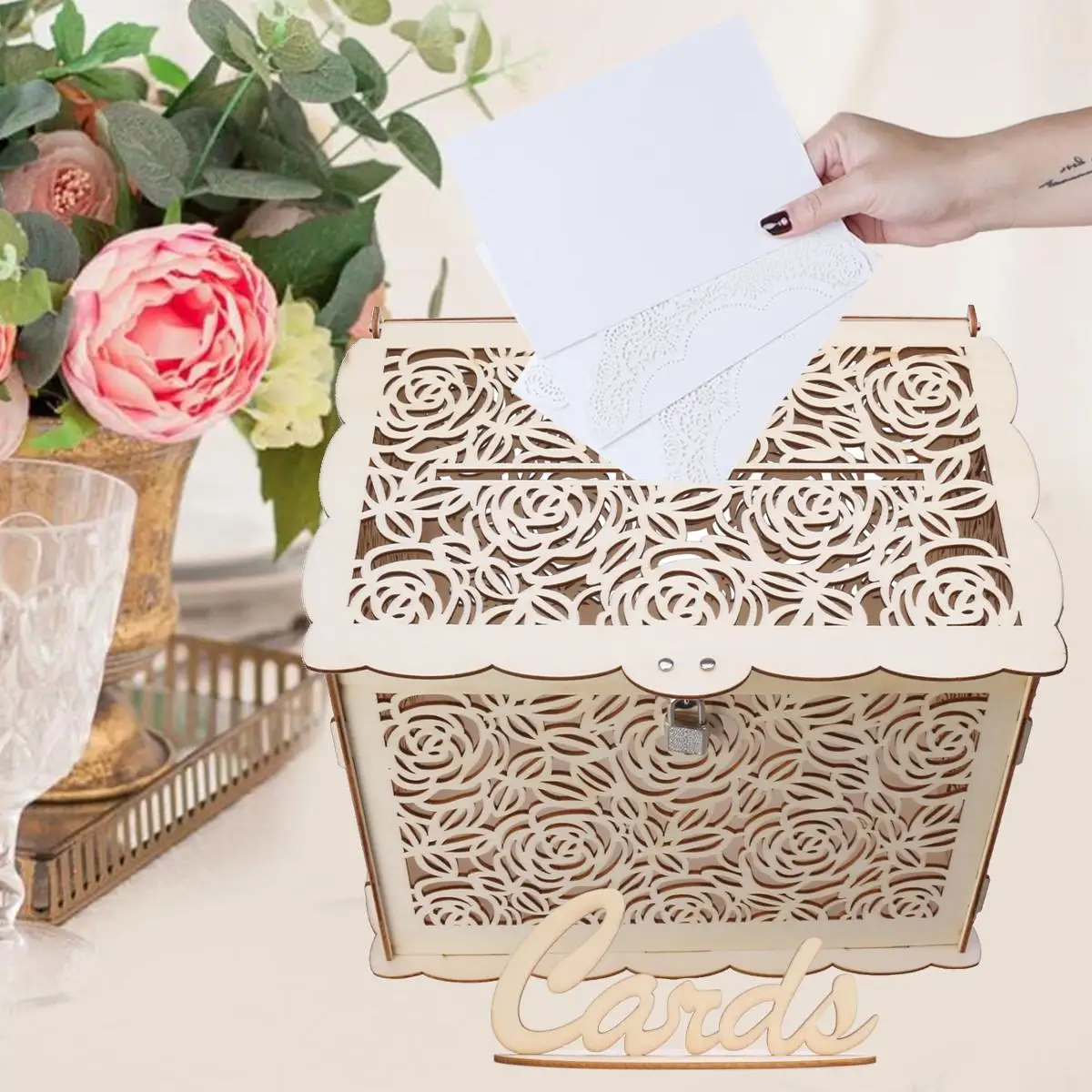 

DIY Wedding Gift Card Box Wooden Money Box with Lock Beautiful Wedding Decoration Birthday Party Supplies