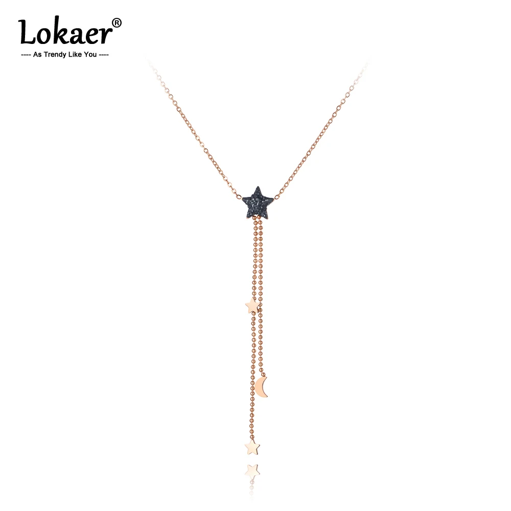 

Lokaer Office Style Rhinestone Star Moon Pendant Necklaces For Girl Titanium Stainless Steel Female Chain Choker Necklace N19148