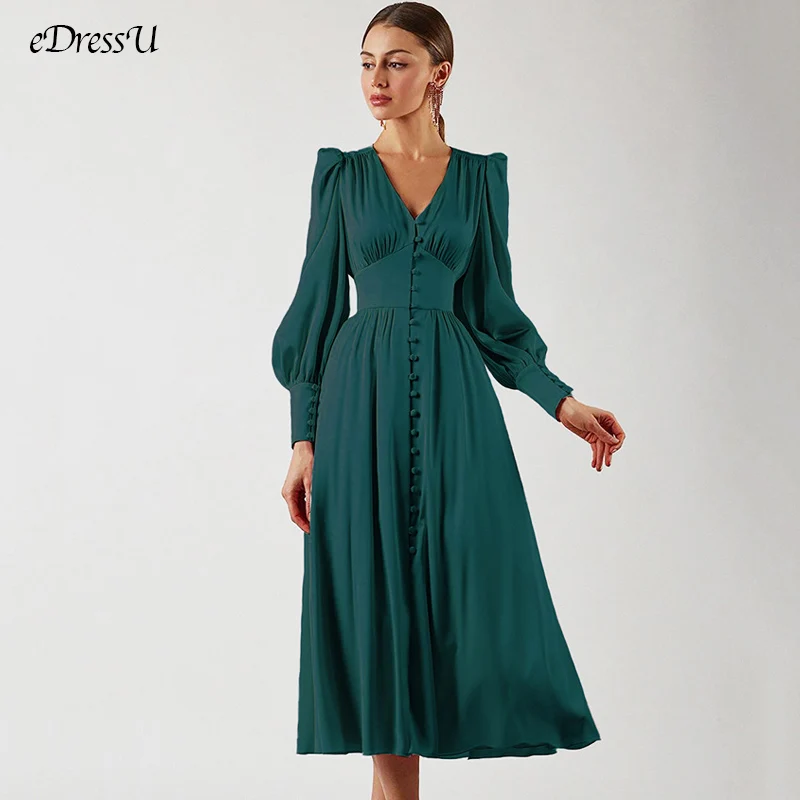 party gown eDressU Elegant Evening Party Dress Silk Satin Mid-Calf High Quality Empire Buttons Vintage Wedding Guest Maxi Dress SJY-6899 dinner dresses for ladies