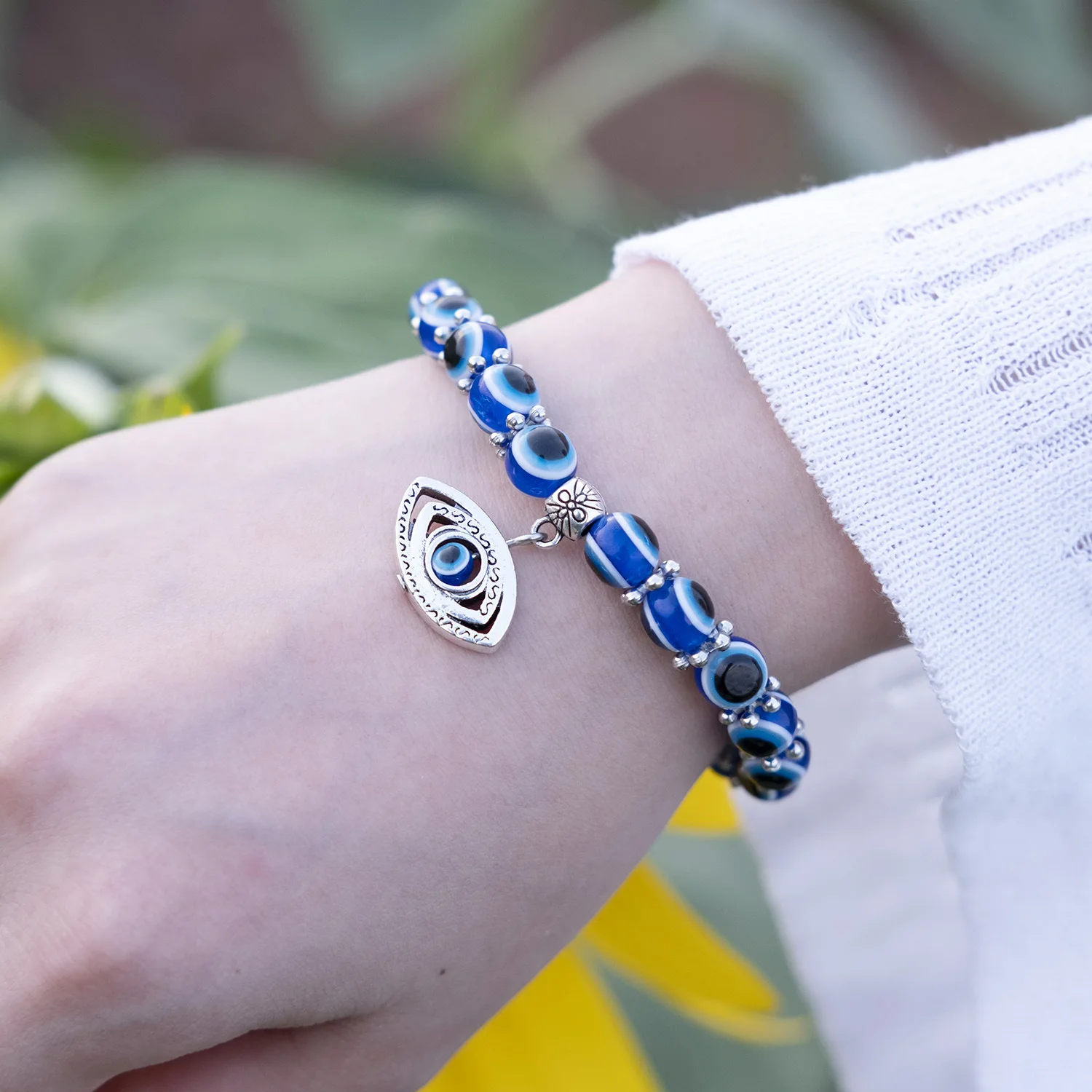 Blue Evil Eye Bracelet Hand of Fatima Turkey Thousand Eyes Wish Handmade Women's Resins Bead Bangle Elastic Bracelets Jewlery