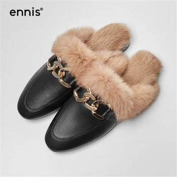 

ENNIS Brand Genuine Leather Women Mules Low Heel Real Rabbit Fur Slippers Fashion Metal Chain Warm Plush Ladies Slippers M994