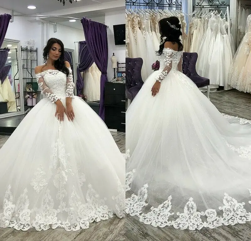 

Plus Size Wedding Dress Wedding Gowns 2019 Mariage Bride Dress Ball Gown Long Sleeve Fluffy Tulle Lace Elegant FR07