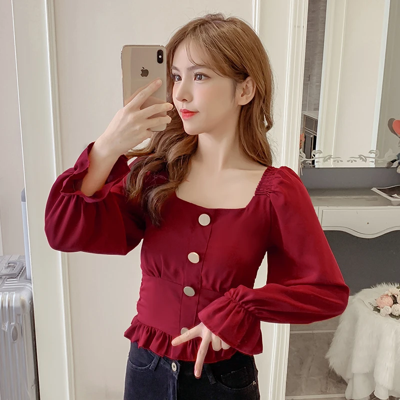 

COIGARSAM Casual Full Sleeve Shirt Womens tops New Spring Chiffon Solid High Waist Square Collar Women shirts White Yellow 3658