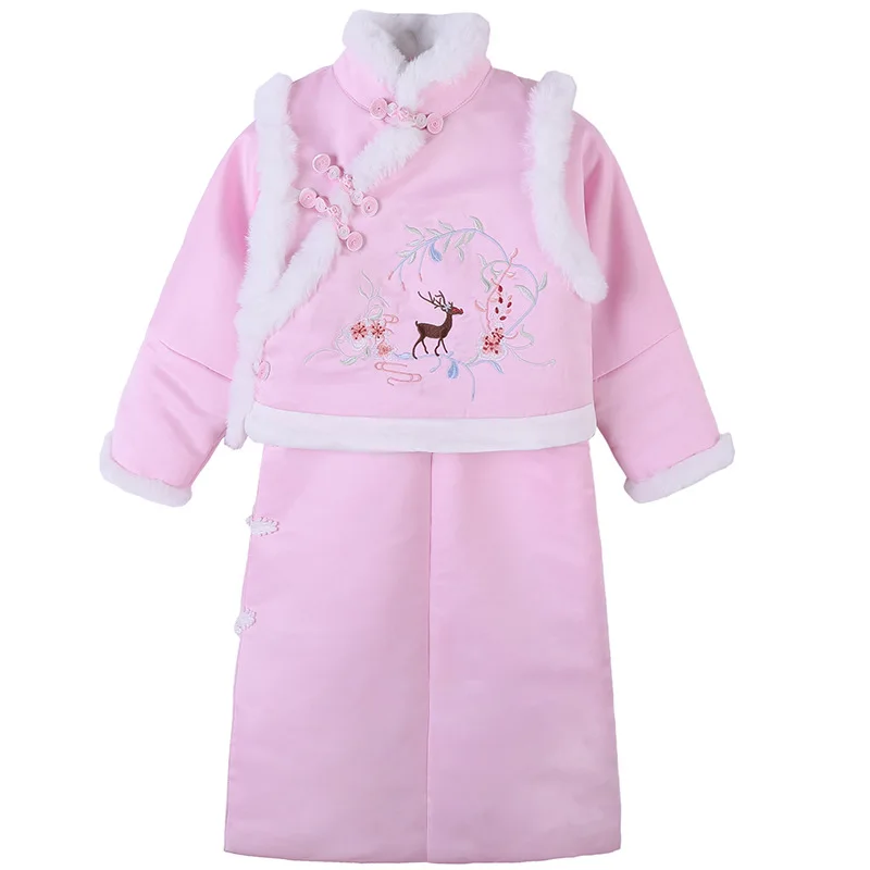 Зимнее платье для девочек из 2 предметов плотное хлопковое пальто в китайском стиле для малышей Новогоднее детское платье Ципао с длинными рукавами и накидкой