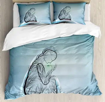 

Abstract Surreal Duvet Cover Set Mystical Calm Motherhood 3 Piece Bedding Set Pale Petrol Blue Charcoal Grey and Pale Cadet Blue