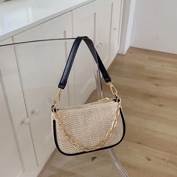 

2020 Summer New Women Baguette Bag Straw Ladies Mini Shoulder Handbag Tote Bag Female Designer Metal Chain Oxter Axillary Bag