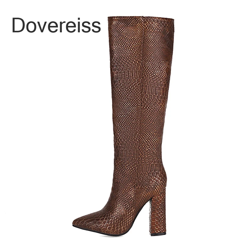 

Dovereiss Fashion Shoes For Woman Winter Pure Color Red Brewn Pointed Toe Sexy Block Heels Knee High Boots Elegant Mature 42 43