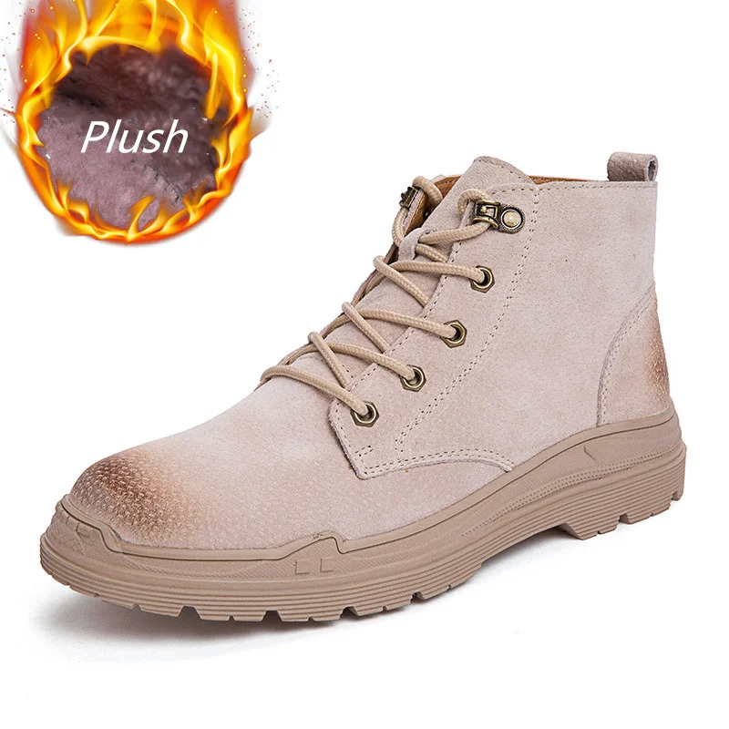 Новая мужская обувь кожаные демисезонные мужские ботинки удобные рабочие ботинки мужские повседневные ботильоны на шнуровке мотоботы - Цвет: Sand color--plush 01