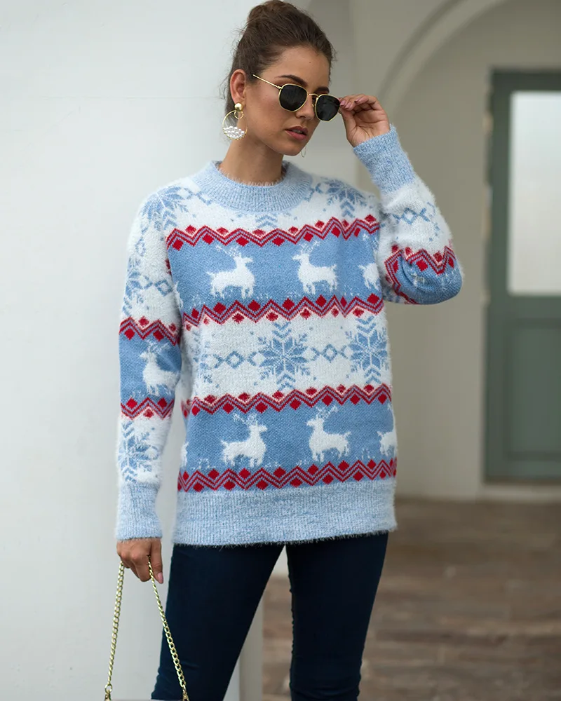 LOGAMI Снежный олень Вязаный рождественский свитер женский пуловер с круглым вырезом и длинными рукавами и свитер осенне-зимний джемпер