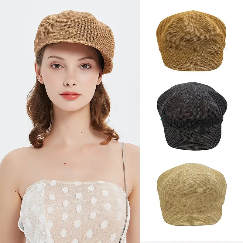 Summer Short Brim Newsboy Hats for Women Adjustable Breathable Straw Beret Lady Caps Vintage Artist Painter Hat Visor Beach