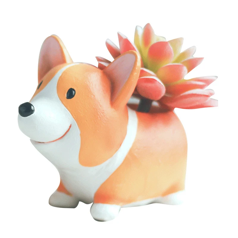 

Cute Animal Flower Fots Desk Decoration Accessories Short-legged Corgi Miniature Model Plants Holder Flower Vase Resin Crafts