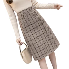 Шерстяная клетчатая юбка для женщин размера плюс, зимняя Новинка, однобортная миди-юбка с высокой талией, Женская трапециевидная длинная юбка F221