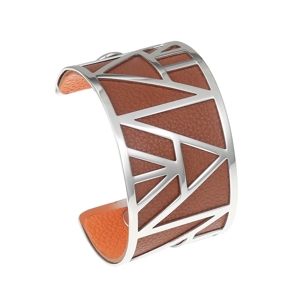 Cremo DIY Hollow Wide Cuff Bracelet For Women Jewelry Yoiumit Stainless Steel Bracelet Interchangeable Leather Pulseiras - Metal Color: 004