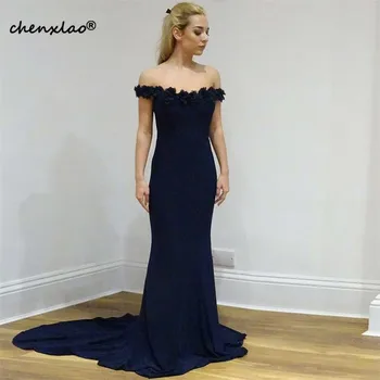

Modest Navy Blue Mermaid Evening Dresses 2019 Off The Shoulder 3D Floral Appliques Plain Bodice Celebrity Dresses For Arabic
