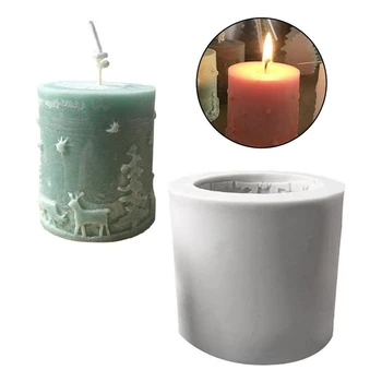 

2 Pack DIY Silicone Candle Mold Round Pillar Shape with Embossed Christmas Tree and Deer Pattern,Handmade Candle Making