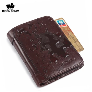 

BISON DENIM Genuine Leather RFID wallet Men red brown vintage purse card holder Brand men wallets dollar price Male Purse W4361