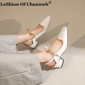 

2020 New Arrival Genuine Leather Women Pumps Square Toe Pearls Spring Summer Slingback Heels Fashion Party Wedding Shoes Woman