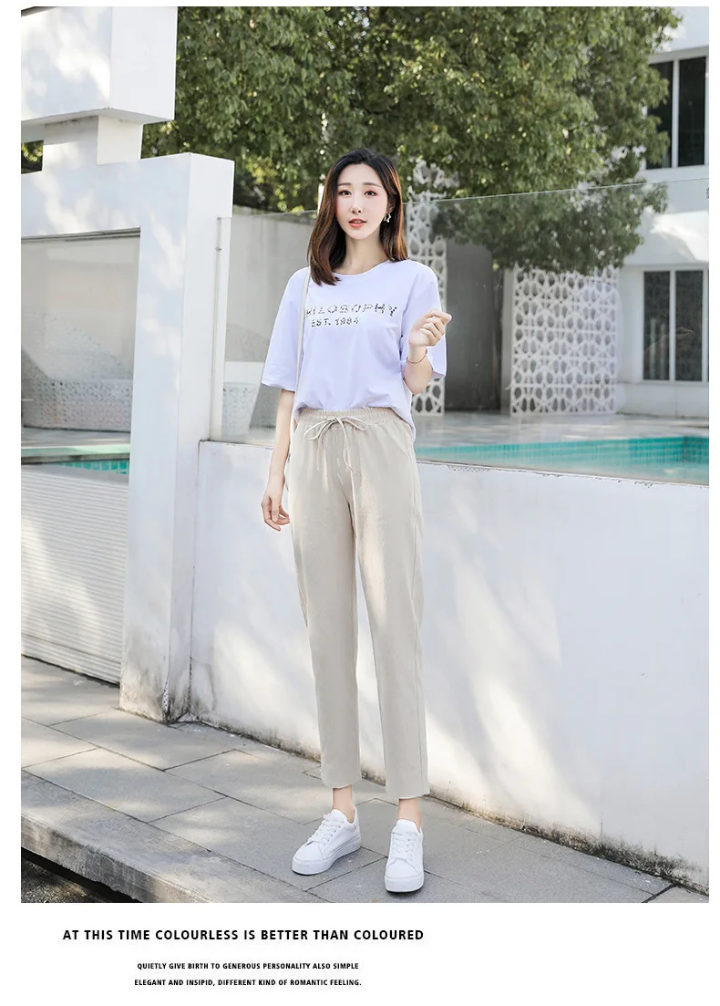 Spring Cotton Linen Pants Plus Size Loose Women Ankle Length Harem Pants Pocket Elastic High Waist Casual Trousers Orange Black