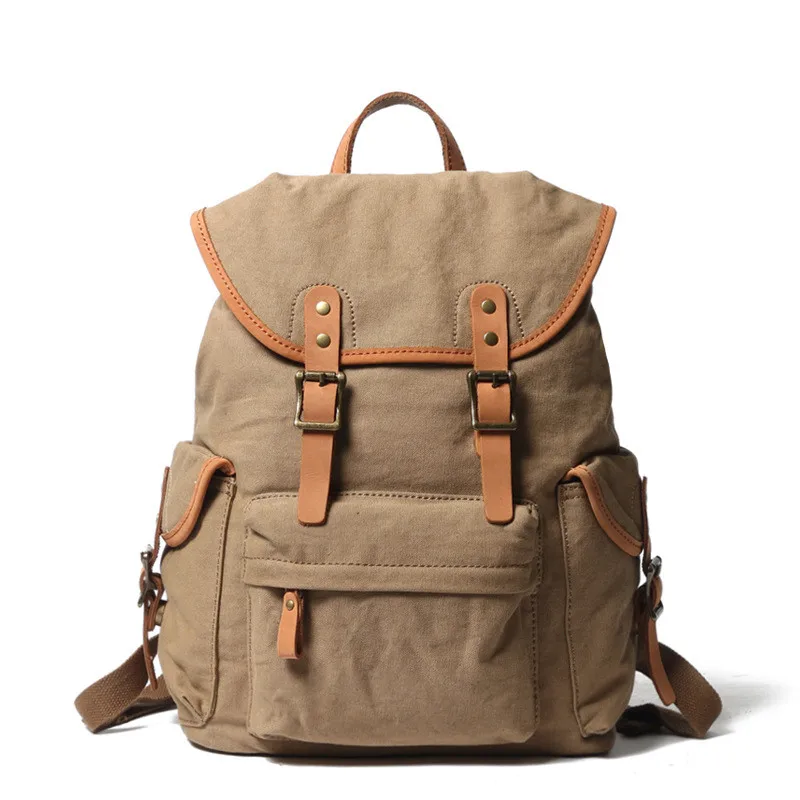 Canvas Rucksack Women Backpack Women School Waterproof Canvas Backpack Rucksack Travel Outdoor - Color: Khaki