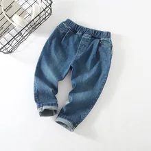 Весенние новые стильные эластичные прямые джинсы с вышитой лягушкой в Корейском стиле для мальчиков