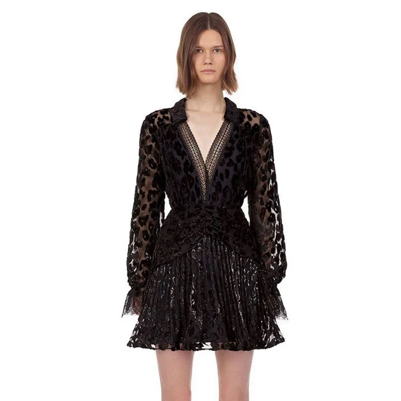 

Elegant Sexy Woman Black Mini Dress Lace Patchwork Velvet Long Sleeve Draped Perspective Dress Party Night Vestidos