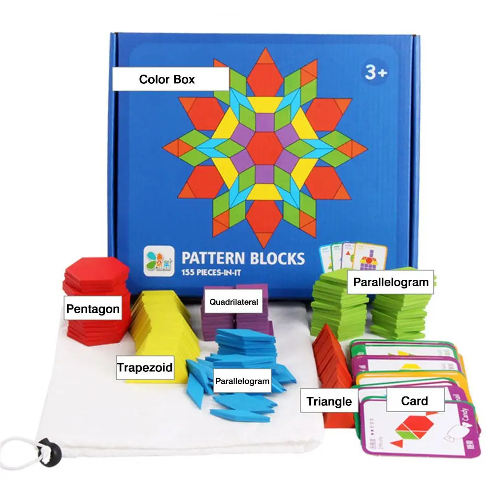 

155pcs Wooden Pattern Blocks Set Early Educational Montessori Tangram Toys Perfect Gift Shape Cognition Classic Toy For Children