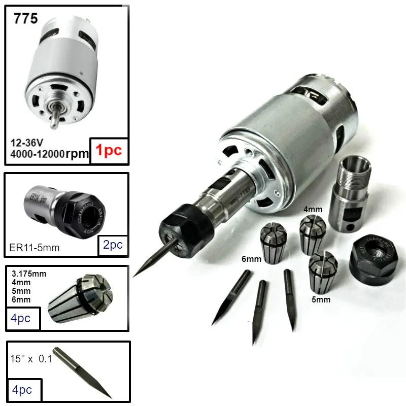 775 двигатель постоянного тока 12-36 в 4000-12000 об/мин шариковый подшипник мотор шпинделя с ER11 Удлинительный стержень резной нож для ЧПУ 1610/2417/3018 - Цвет: Option 3